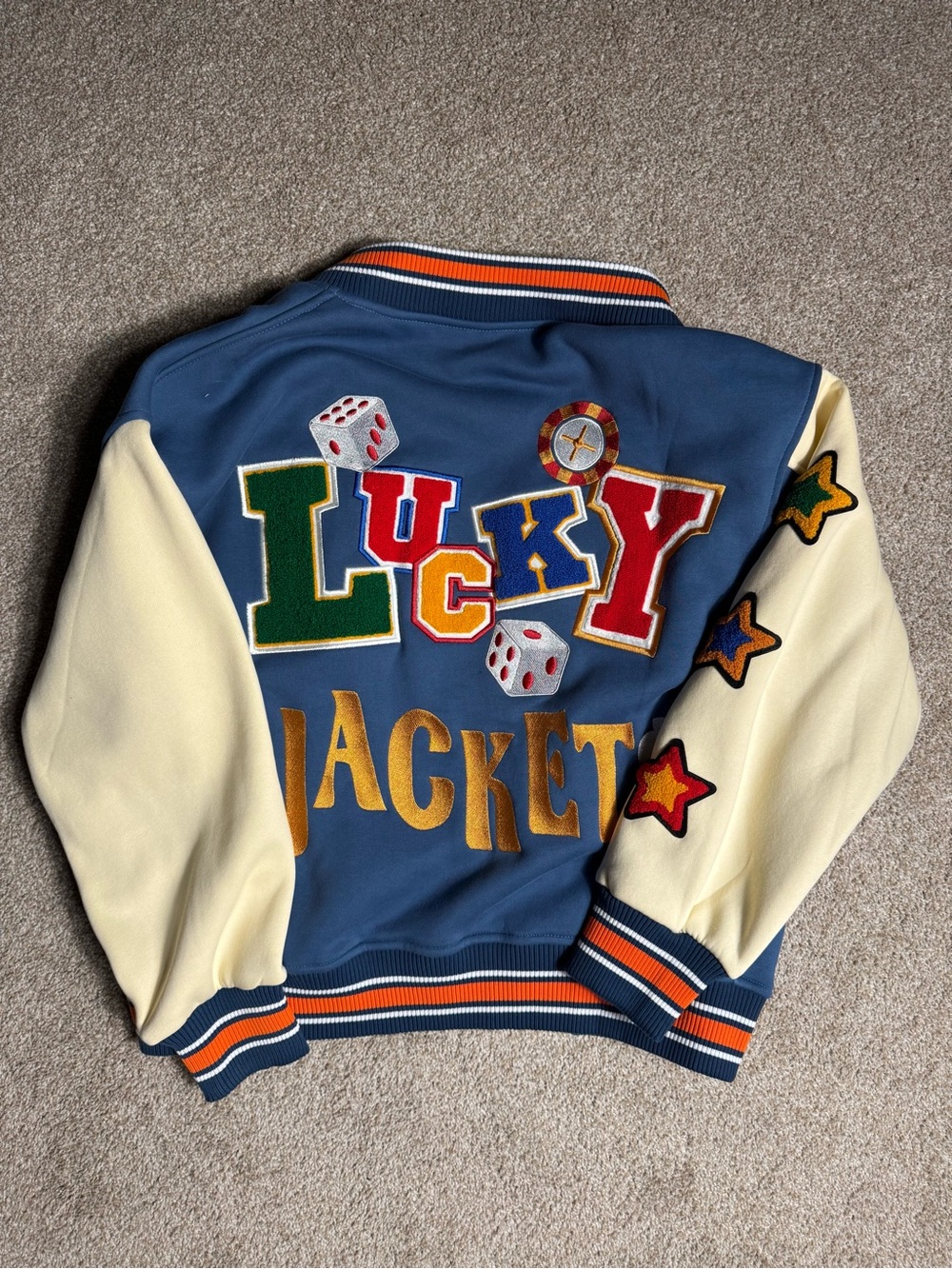 Blue & Cream 'P' Patch Varsity Jacket with Star and Card Appliqués - Picture 2 of 4